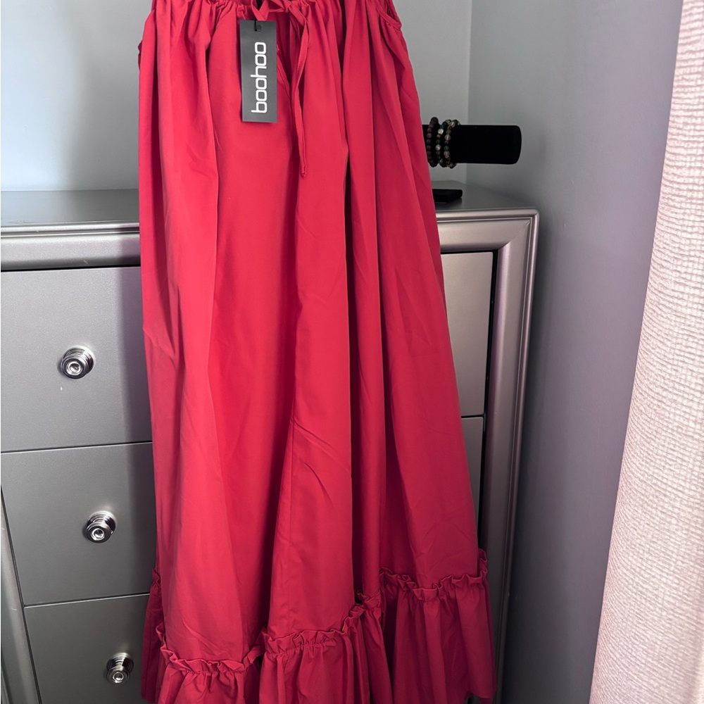 boohoo Red Tiered Maxi Skirt with Ruffle Trim